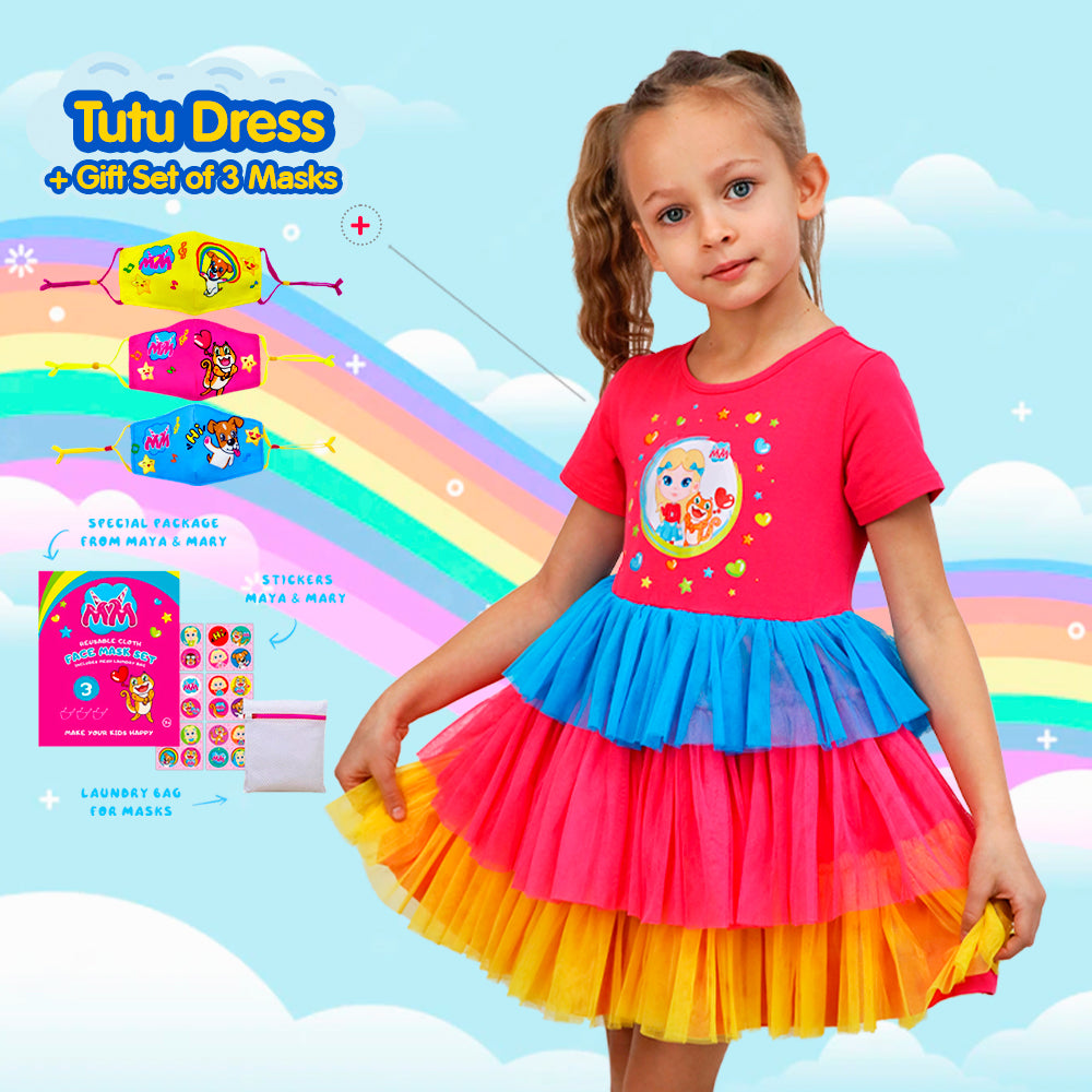 Maya-and-Mary-Summer-Toddler-Girl-Clothes-Short-Sleeve-Tutu-Dress-Girls-for-Kids-2-7-Years-pink + set 3 masks